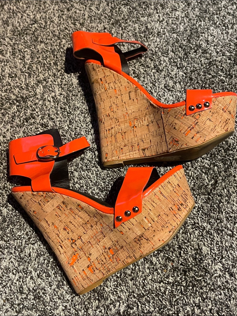 PAPER FOX Orange Cork Wedge “Rachael”Sandals with Ankle Strap - (6.5)
